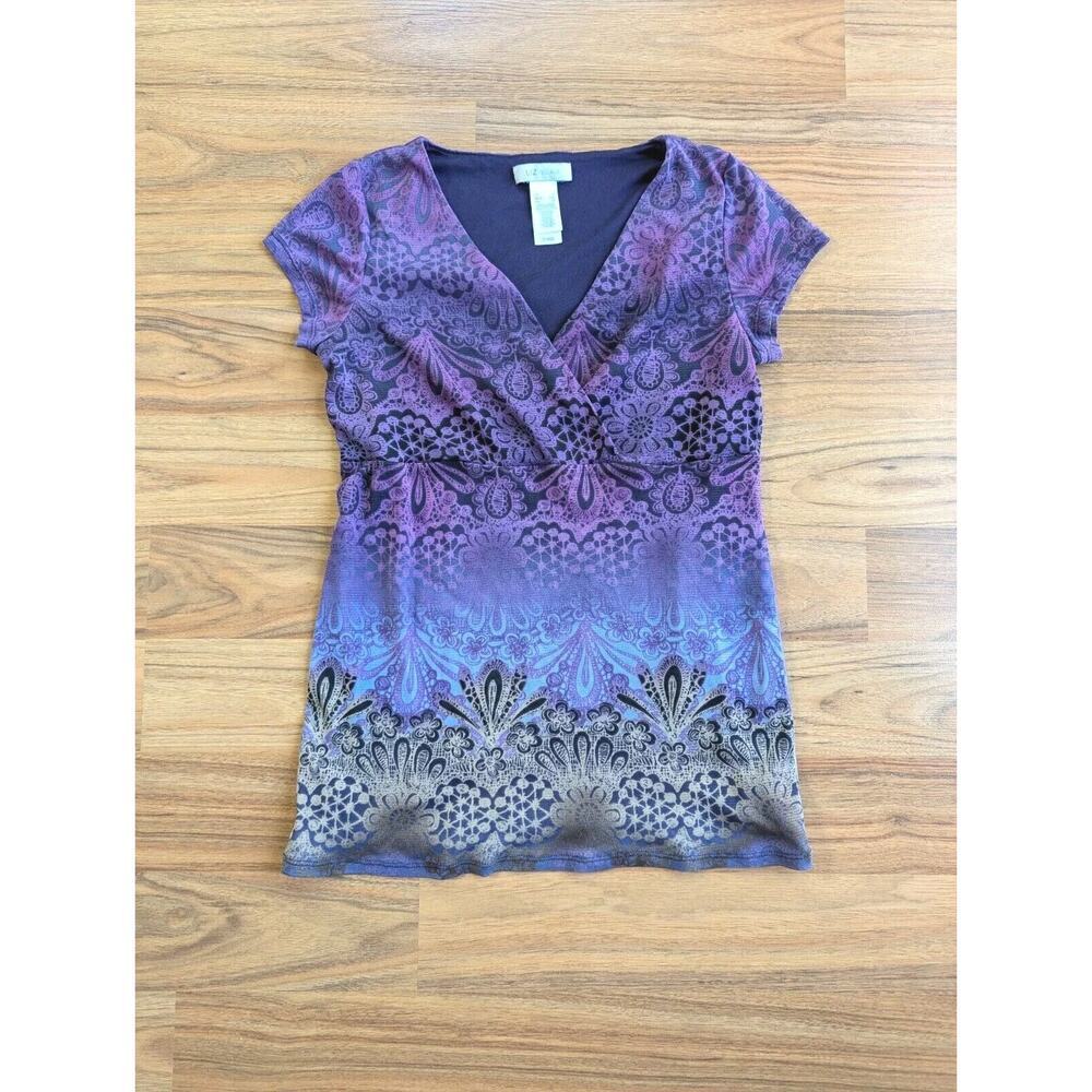 Vintage Y2K Lizwear Floral Mesh Purple Top Woman’s Size S Small V Neck C6